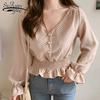 Long Sleeve Vintage V-neck Flare Sleeve Polka Dot Women Blouse Shirts Elegant Front Buttons Slim