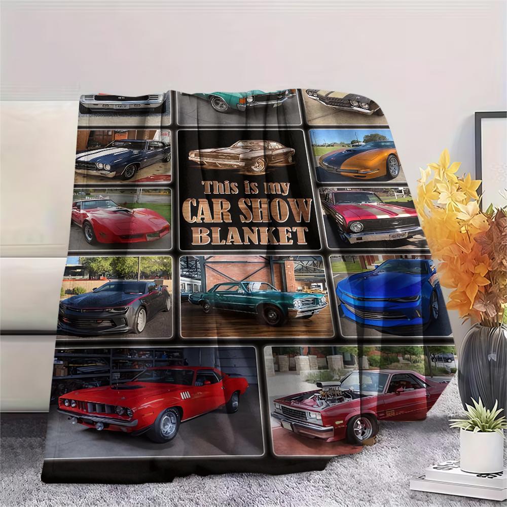 1Pc Vintage Car Print Flannel Blanket, High quality Comfortable for All Seasons, Home Decor, Warmth and Comfort, Perfect for Christmas Gifts