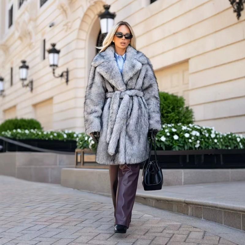 Womens Long Faux Fur Coat Notched Lapel Warm Winter Outerwear Commute Style