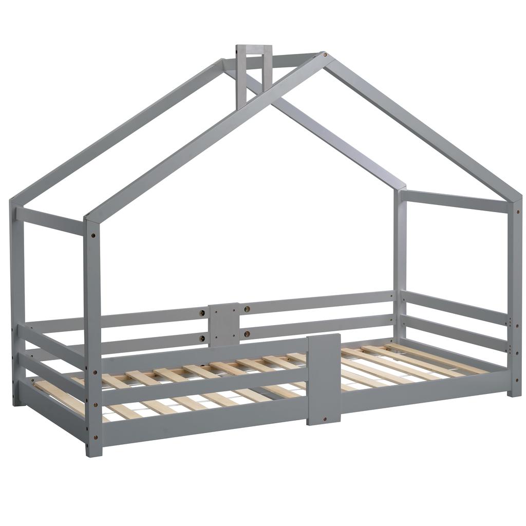 Children's Bed House Bed with Chimney Fall Protection Sturdy Slatted Frames Pine Wood House Bed for Kids, 90 x 200 cm without Mattress, Grey