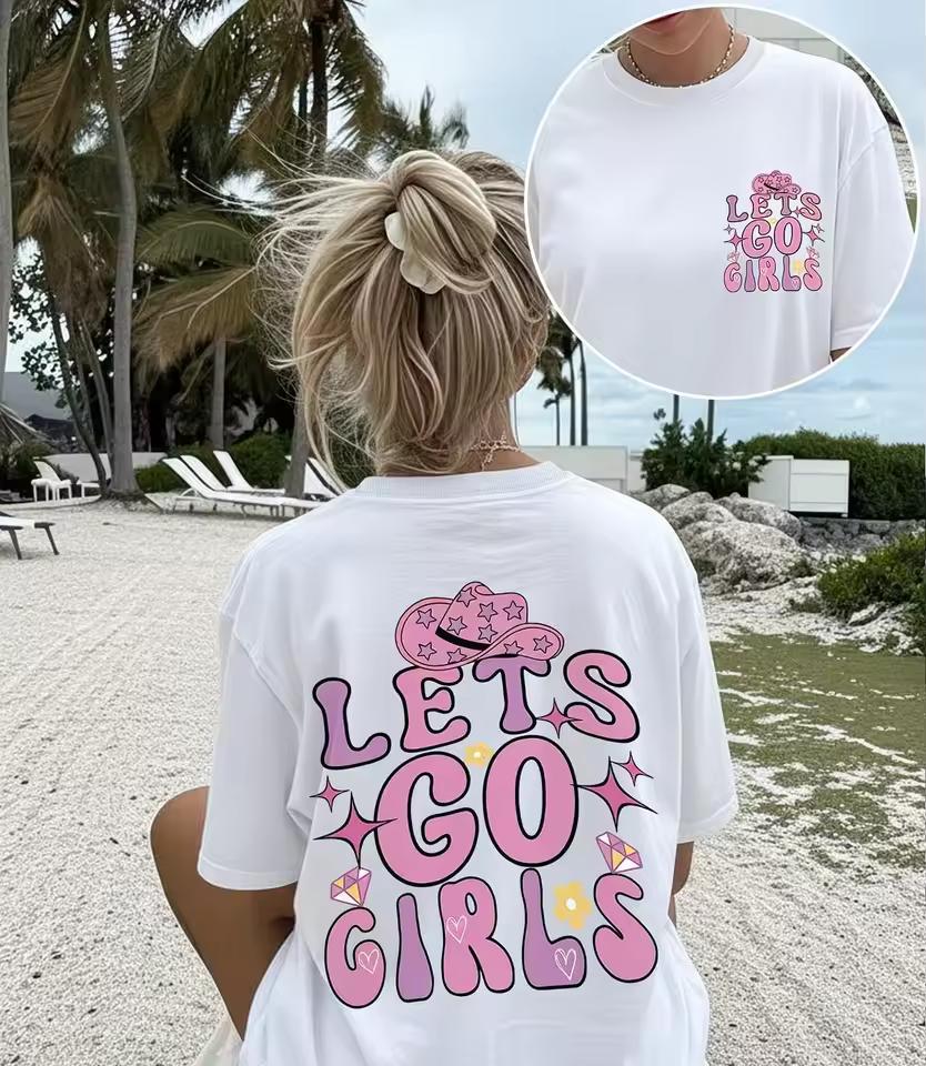 Lets Go Girls Graphic T shirt Pink Cowboy Hat Aesthetic Tops Women Trendy Back Print Casual Short Sleeve Summer Tee