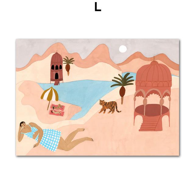 Абстрактный Марокко Пейзаж Бохо Бассейн Пляж Девушка Настенная живопись на холсте Плакаты и принты Настенные картины для декора гостиной Без рамки