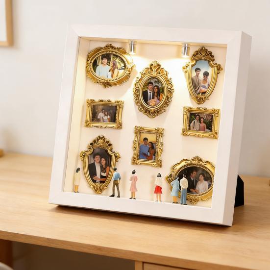 DIY Мини-музей в коробке с маленькими золотыми рамками Фигурками Лампами Фоторамкой Шкатулкой для воспоминаний Семьи Витрина для демонстрации Домашний декор
