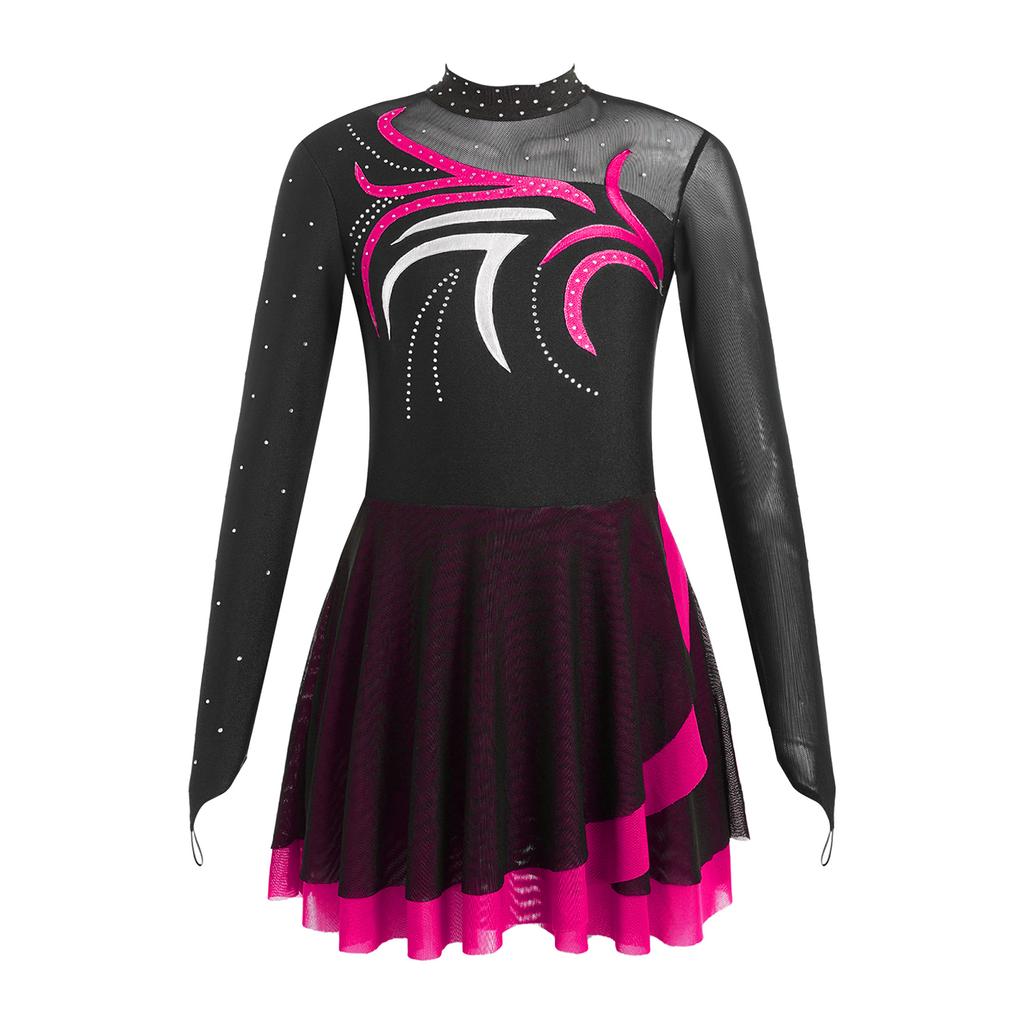 Платье для фигурного катания для девочек с блестящими стразами, прозрачной сеткой и пэчворком, с длинным рукавом для танцевальных выступлений