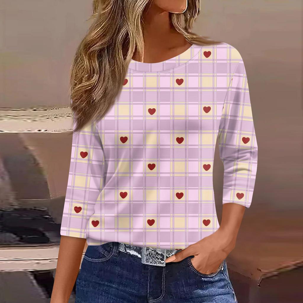 Women's Fashionable Casual Three Quarter Sleeve Printed Round Neck Top