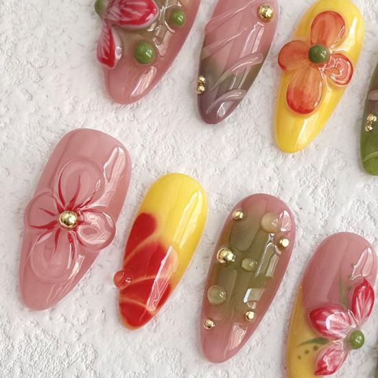 10Pcs 3D Floral Press-on Nails Thick Gel Design Summer French Fake Nails with Tip Artificial