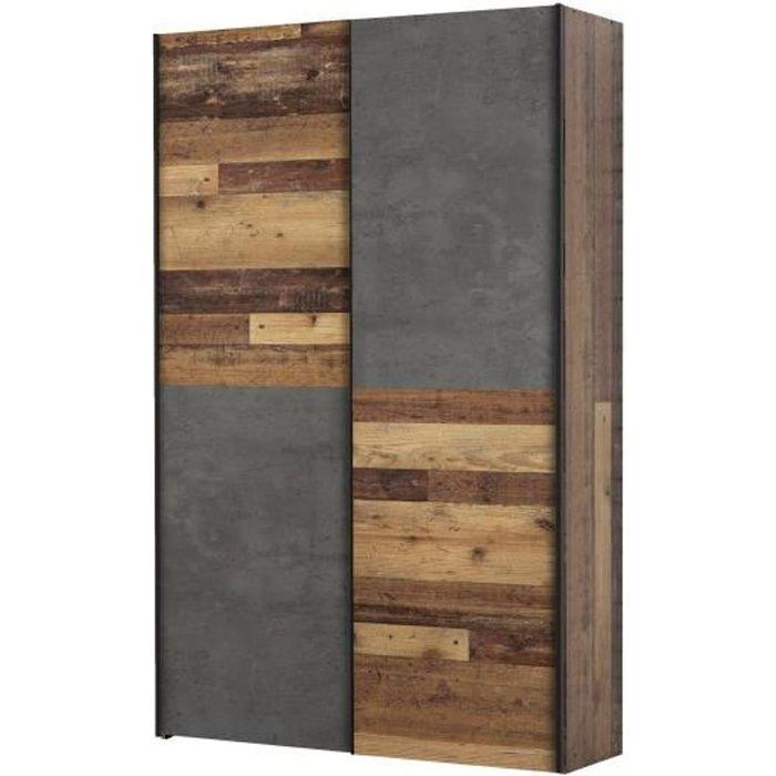 Armoire 2 portes coulissantes multifonction - Panneaux de particules - Bois et béton gris - L 120 x P 41,6 x H 190,5 cm - OZZULA