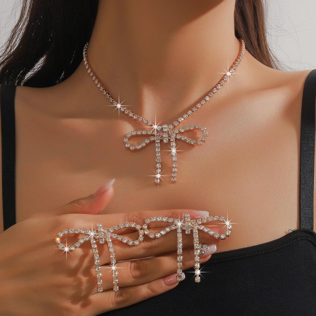 Rhinestone Bow Choker Necklace Earrings Set Sparkling Bow Jewelry Set for Parties Weddings Prom
