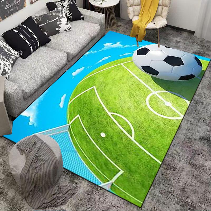 Soccer Field Theme Carpet with Ball Design, Green and Blue Art Suitable for use as an anti-slip for living room bedroom sofas