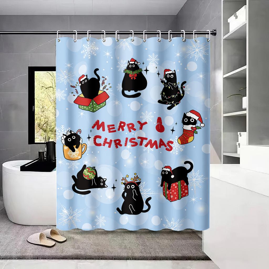 1 Christmas Black Cat Print Waterproof Shower Partition Privacy Hanging Curtain 12 Hooks Multi Size Decoration Machine Washable