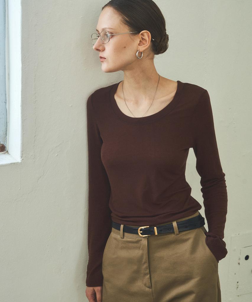 CITTA Wool Blend Tencel U-Neck Long Sleeve Tee_Ctt356 (Brown)