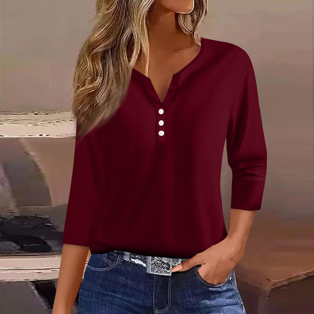 Women's T Shirt Tee Print Button 3/4 Sleeve Tunic Daily Weekend Fashion Basic V- Neck Regular Top