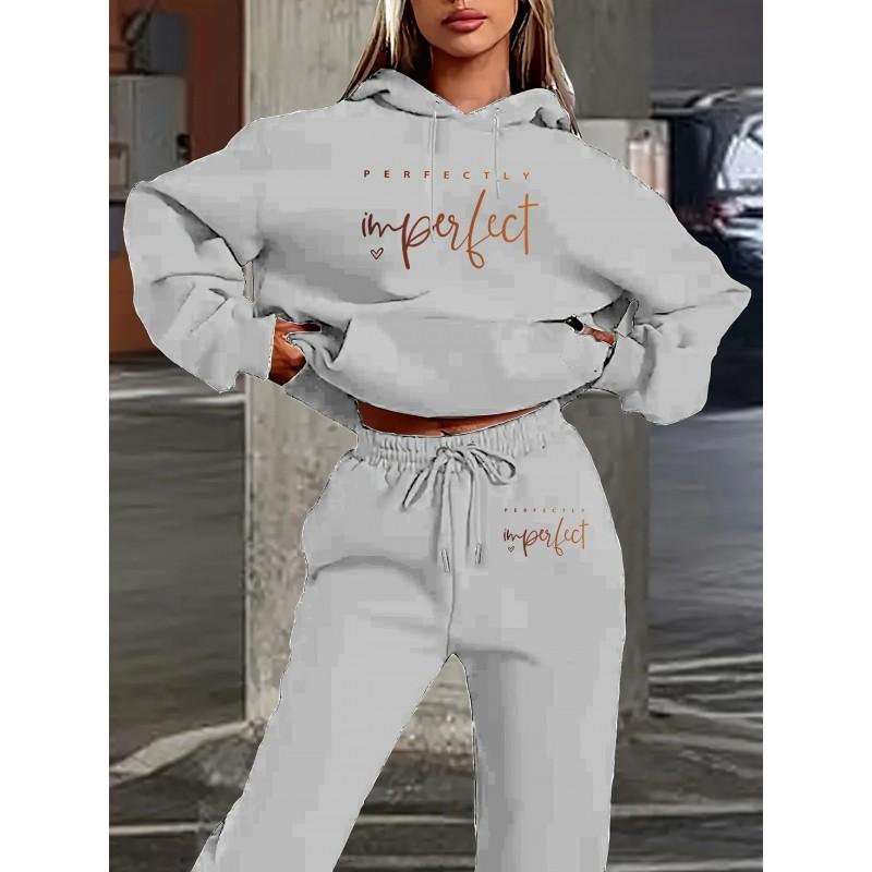 Womens Letter Print Hooded Sweatshirt Casual Pants Set Fashion Long Sleeve Tracksuit