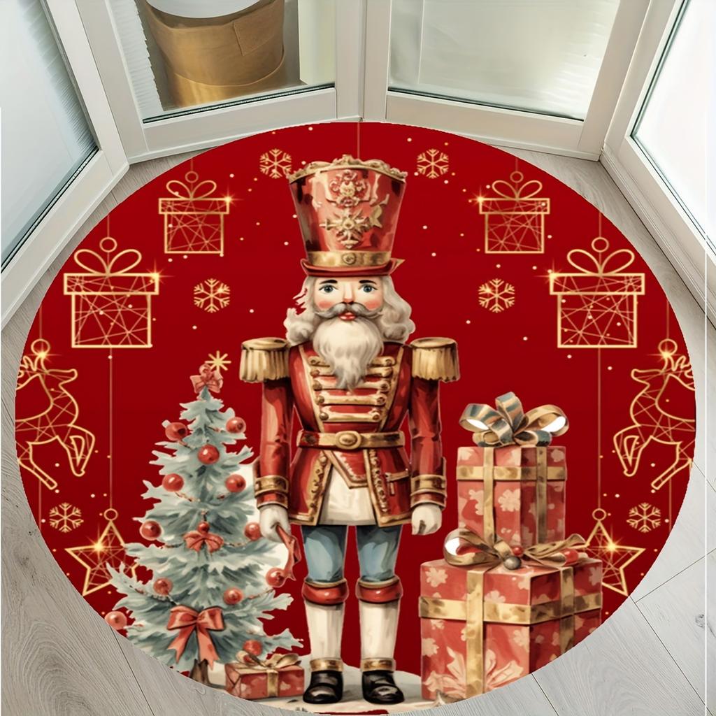 Nutcracker Soldier Christmas Round Rug, Red Gold Themed Mat with Tree Gifts Design for Living Room Bedroom Holiday Decor