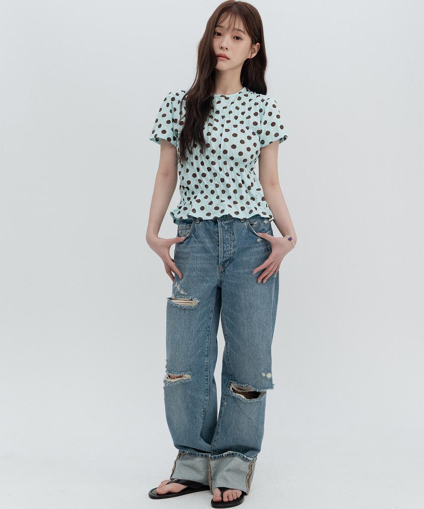 HIGH SCHOOL DISCO Dot Line Shirring Short Sleeve_Mint