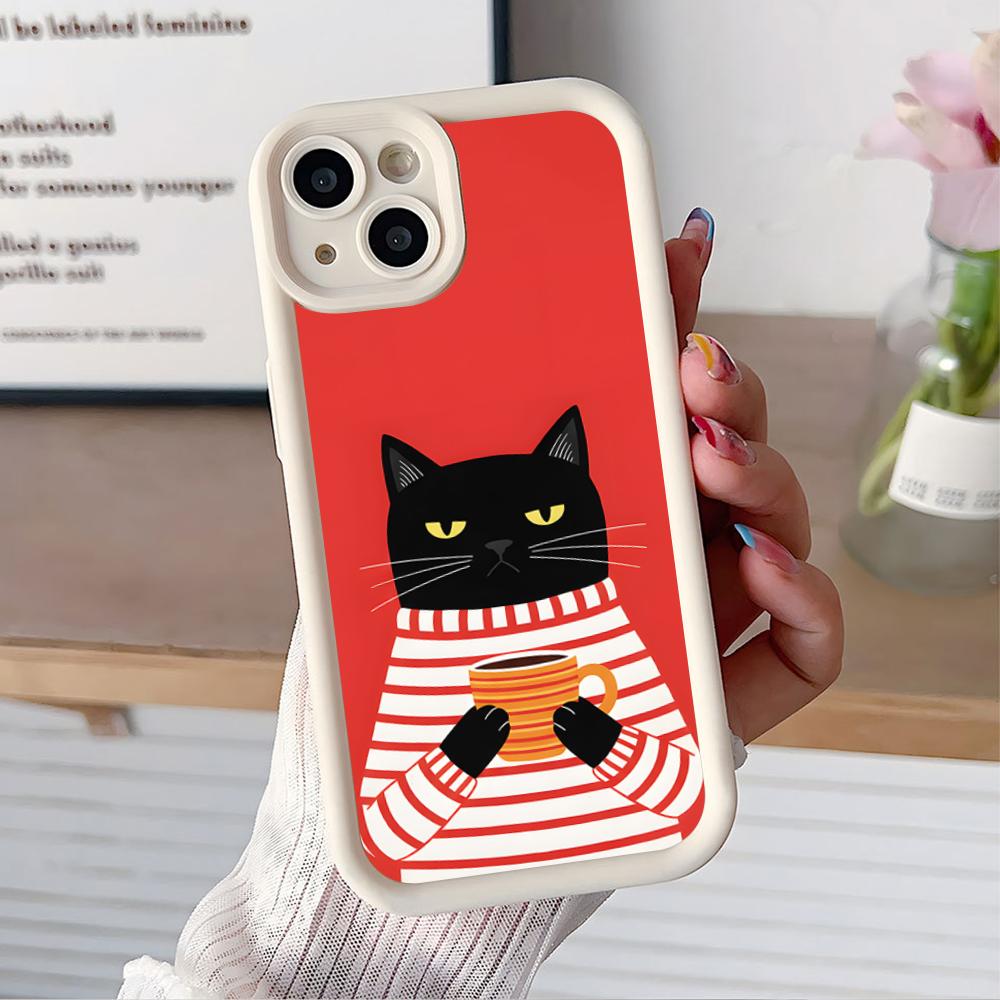 Cute Coffee Cat Thicken TPU Mobile Phone Case for iPhone 17 16 15 14 13 12 11 Air Pro Max Plus Colorful Cover