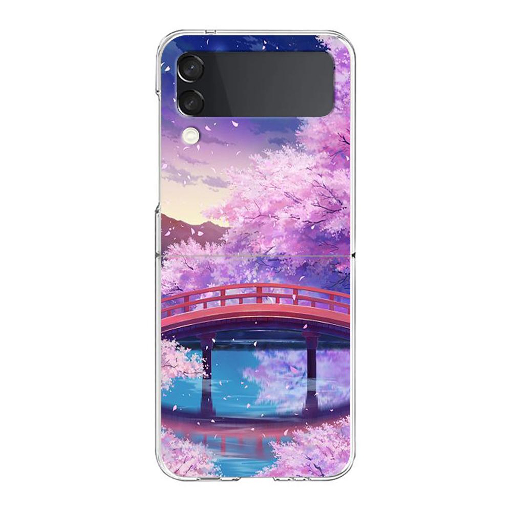 Японские вишневые цветы Гора Поезд Для Samsung Galaxy Z Flip 3 4 5 Жесткий Складной Прозрачный ПК Чехол Для Телефона Для Samsung Z Flip3 Обложка