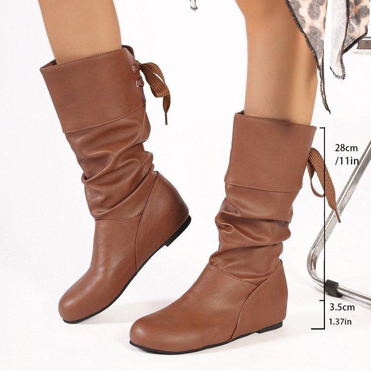 Women's Slouchy Mid Calf Western Boots Faux Leather Riding Boots Wide Calf Pull On Flat Boots for Women Round Toe Fall Winter Booties Shoes