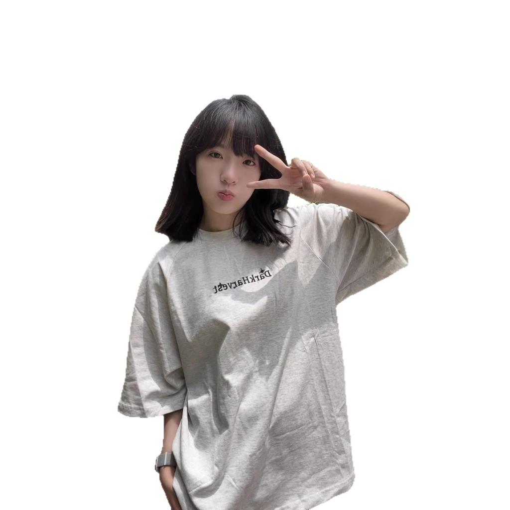American Korean black letter embroidered short-sleeved t-shirt women's summer new loose couple outfit trendy high street top