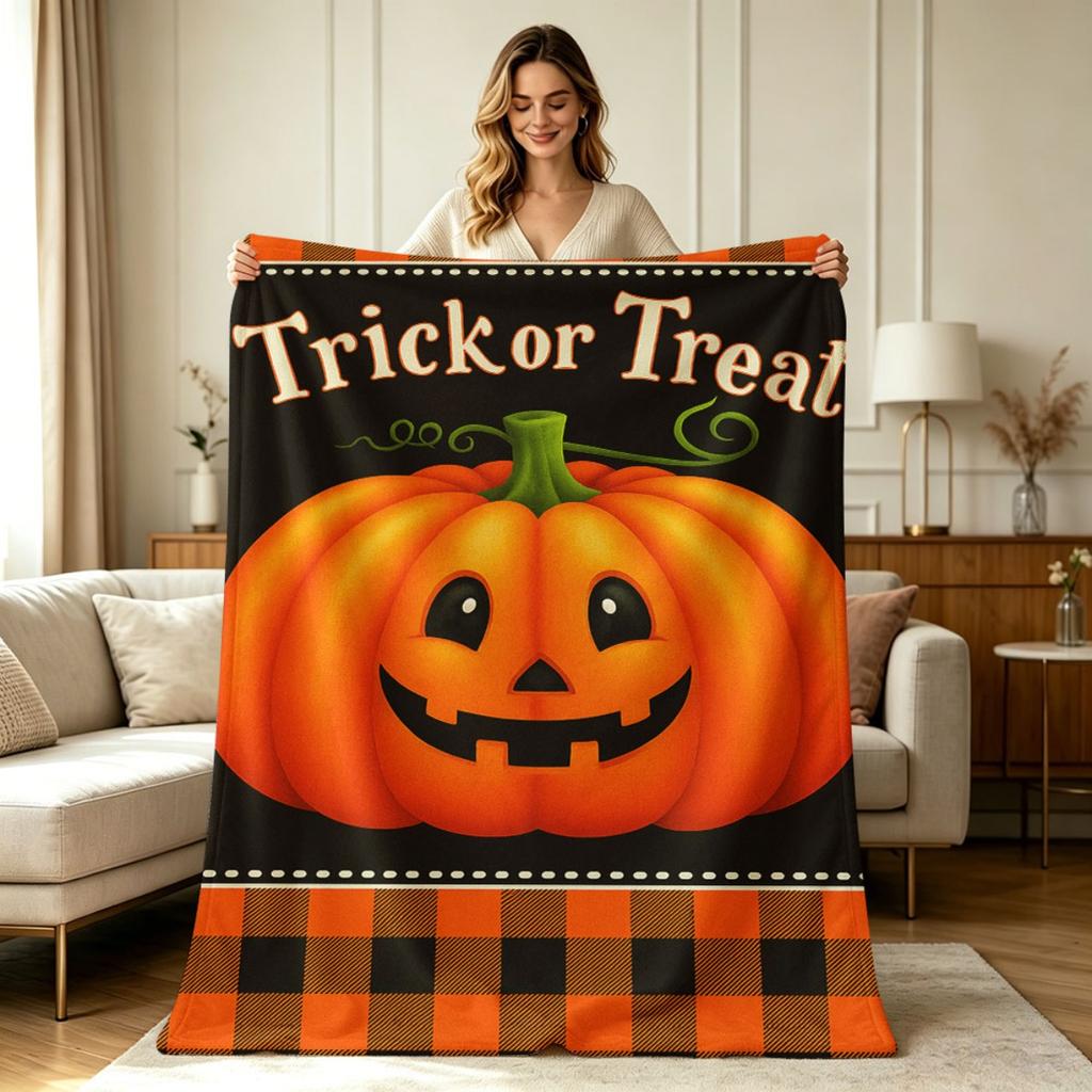 Мягкое теплое фланелевое одеяло Trick or Treat Хэллоуин Тыква Клетка Всесезонное Декоративное одеяло для дивана кресла спальни гостиной Домашний декор
