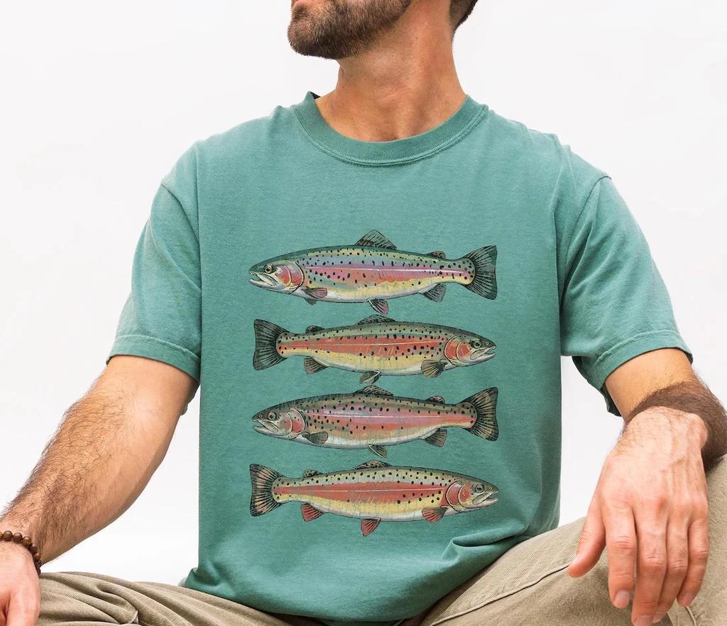 Fly Fishing Rainbow Trout Graphic Tshirt Stream River Fisherman Tee For Men