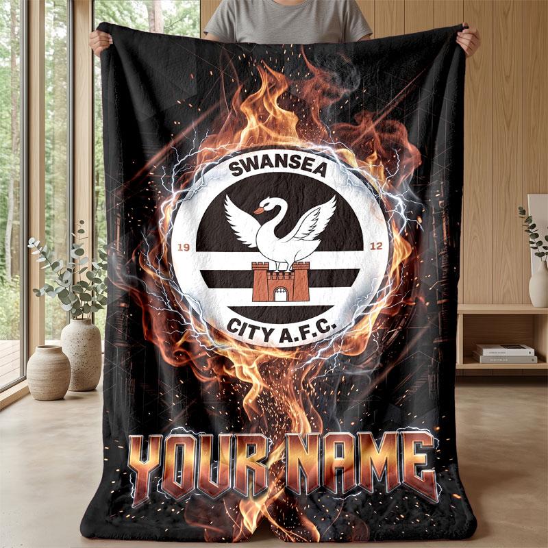 Swansea City FC Custom Name Text Flannel Blanket Soccer Logo Personalized Fleece Throw Blanket Special Gift For Sofa Bedroom Home