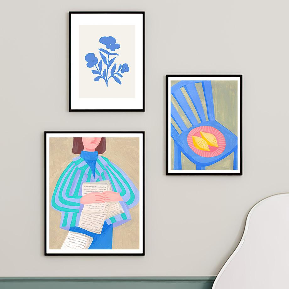 Абстрактная полосатая книга для девочек, синий цветок, геометрические постеры и принты, настенная живопись на холсте для гостиной, декоративные картины