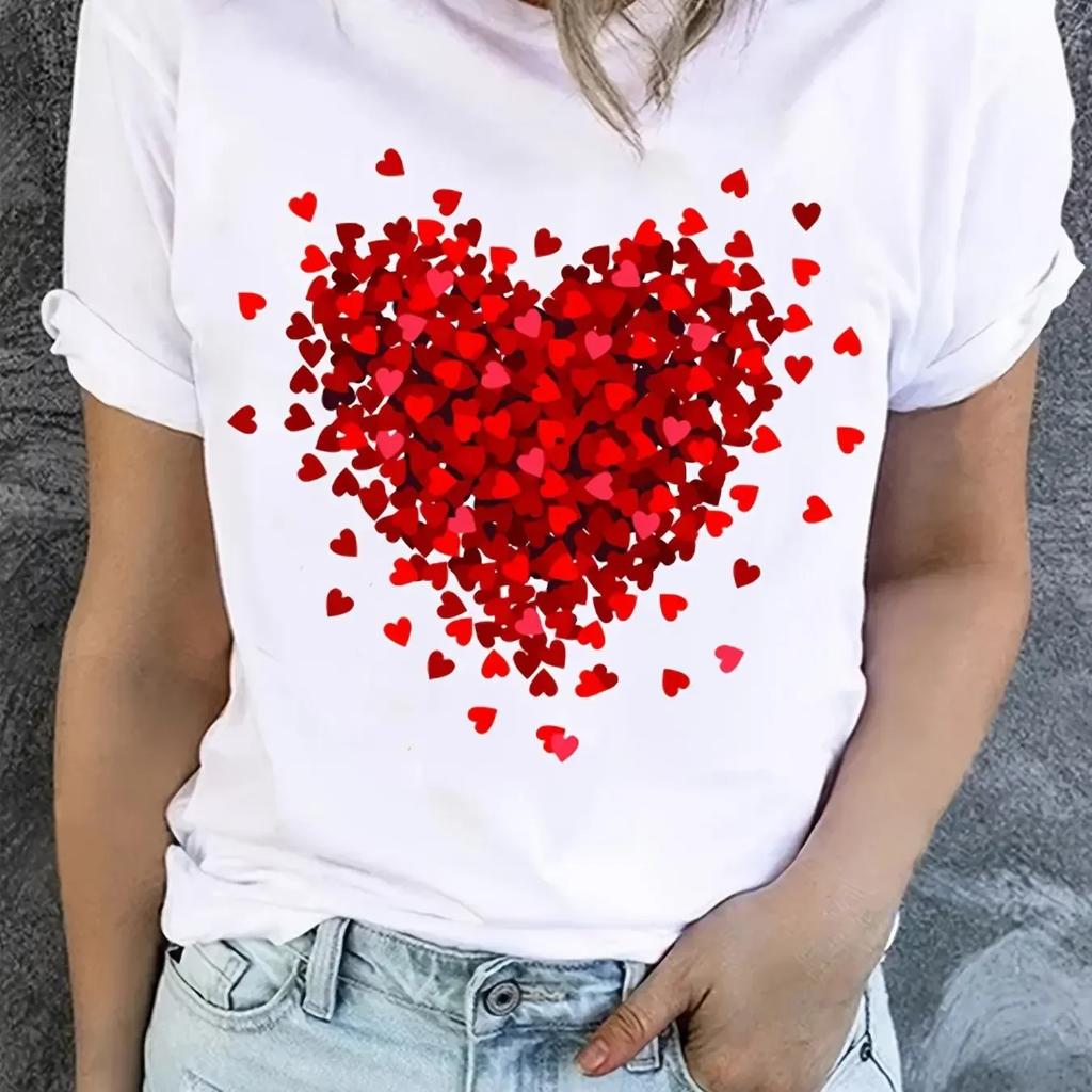 Summer Round Neck 3D Heart Graphic Print Top Fashionable Casual Short Sleeved Women's T-shirts