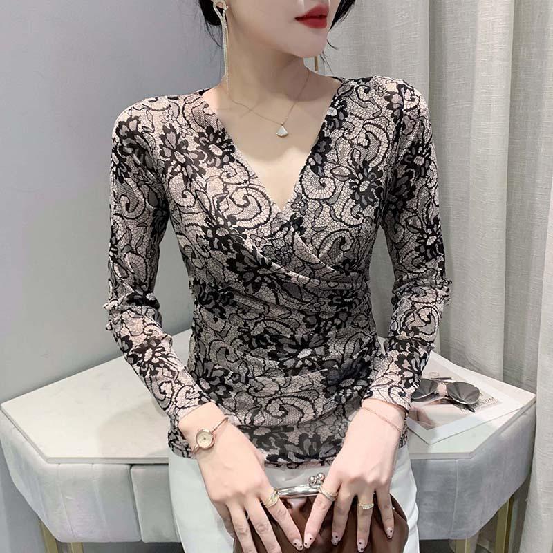 Женская рубашка в сеточку в стиле ретро с V-образным вырезом, модная футболка с длинными рукавами, облегающий танцевальный топ