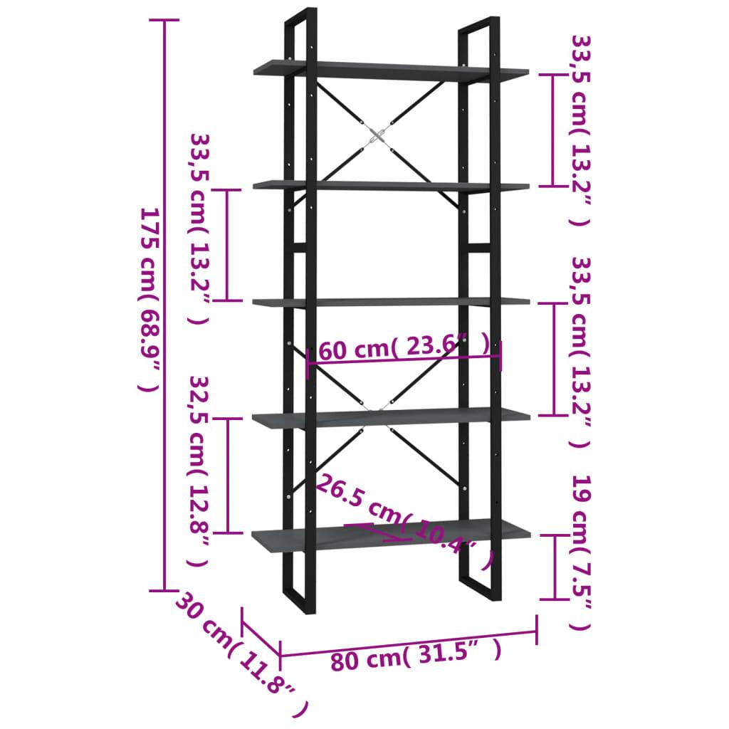 5 Shelf Bookcase Gray 31.5 x 11.8 x 68.9 in (80 x 30 x 175 cm) Engineered Wood