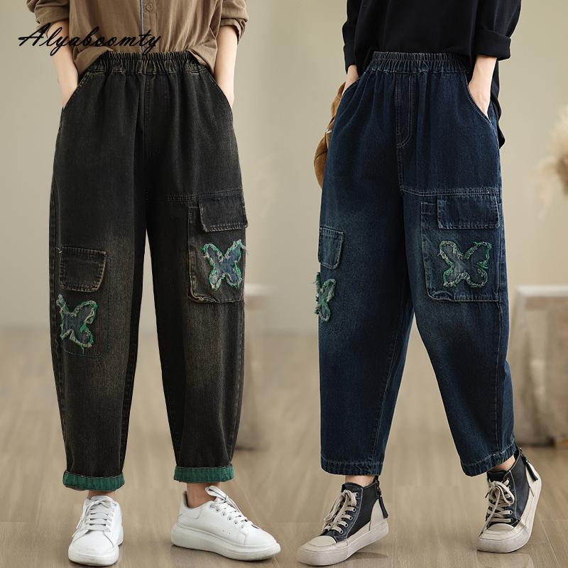 Корейский стиль осень-зима женские джинсы-бабочки с высокой талией повседневные свободные аппликации джинсовые брюки темно-синие черные винтажные джинсы