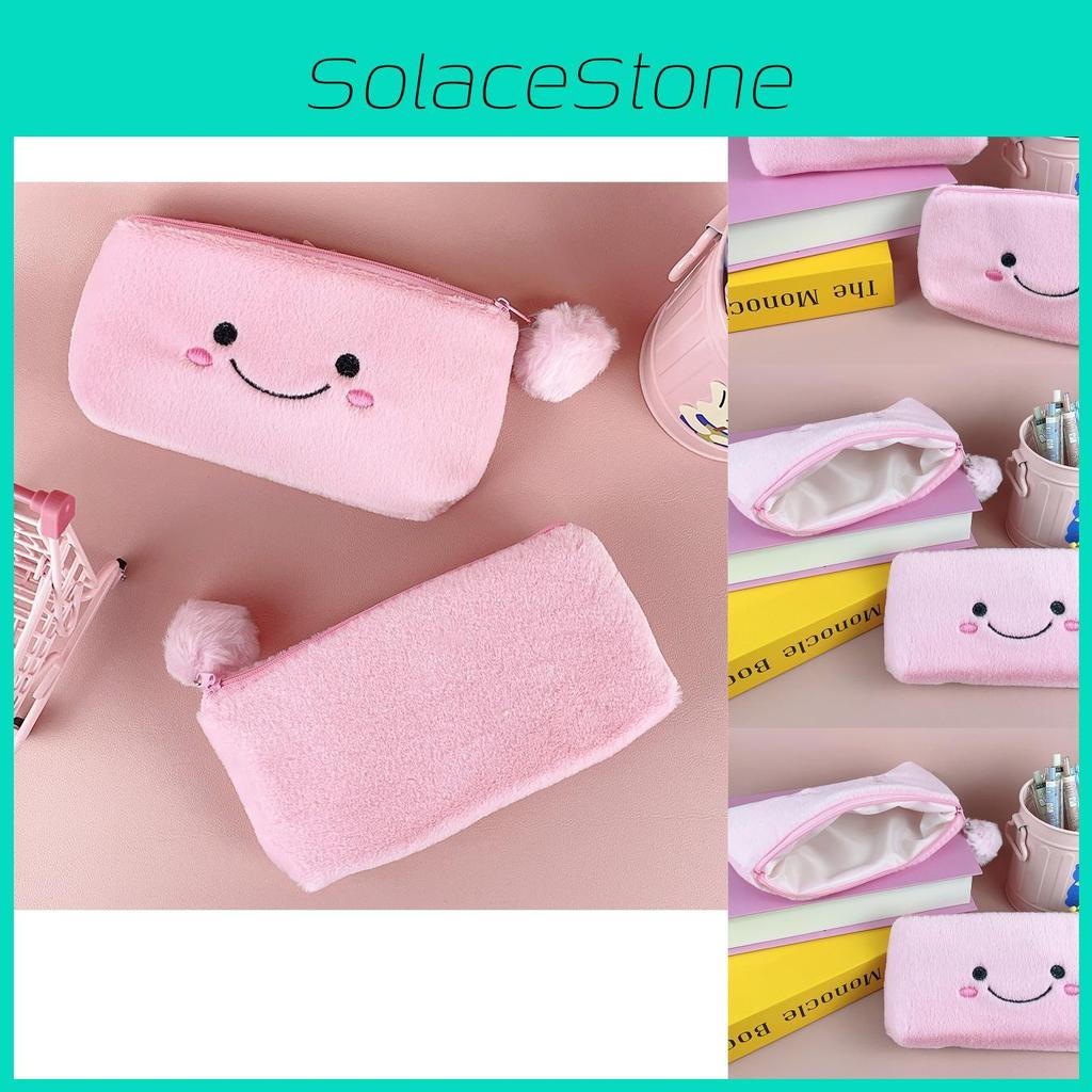 Pink Smiling Cute Pom Large Capacity Pencil Case Plush Storage Bag For Students
