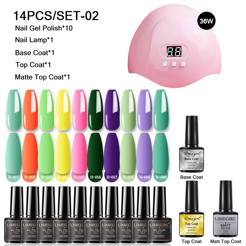 Маникюрный набор Limegirl, полуперманентный лак для ногтей, инструмент с УФ/светодиодной лампой для сушки ногтей, основа, верхнее покрытие, наращивание гелевого лака для ногтей, набор