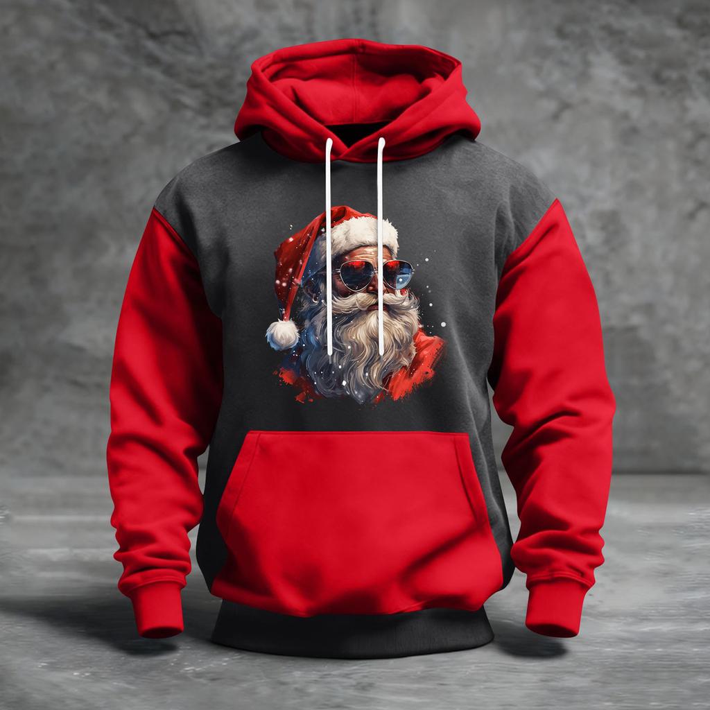 Мужской рождественский свитшот с капюшоном, повседневный, спортивный, удобный, с цветными блоками и принтом