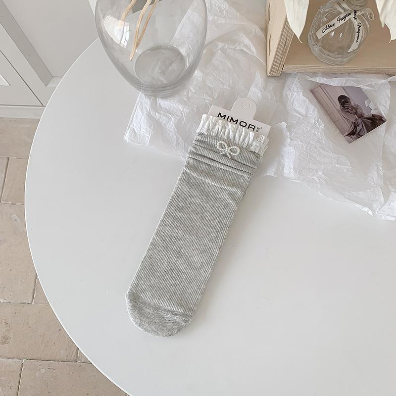 Ladies Summer Thin Bow Plingham Lace Ballet Breathable Boneless Mid Tube Pile Socks