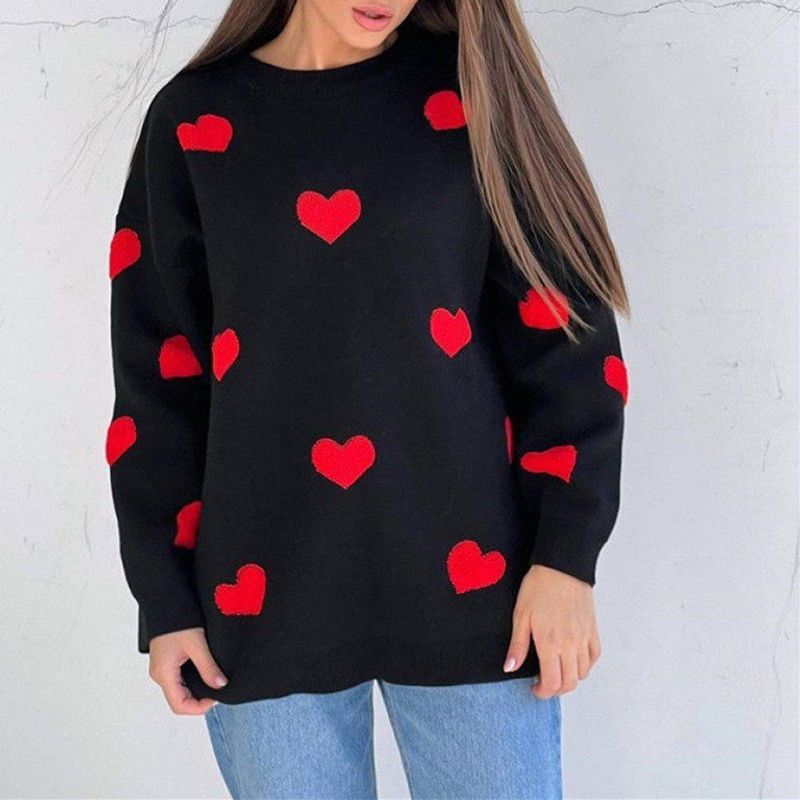 and Winter New Embroidered Heart Sweater for Women, Popular on Social Media, European and American Style Knitted Pullover, Cross-Border Amazon Ins