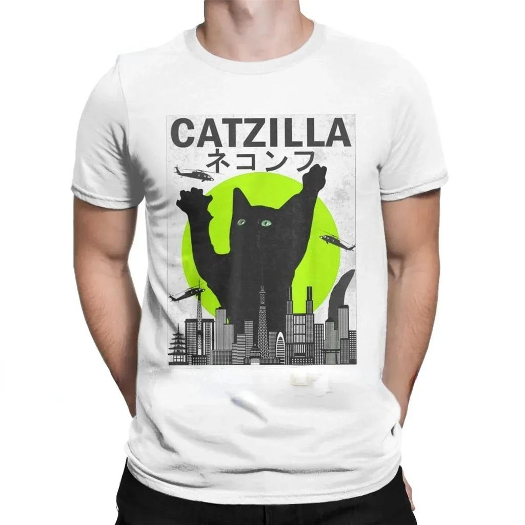 Футболки Catzilla Monsters Котёнок Мужские Женские С Круглым Вырезом Чистый Хлопок Аниме Черный Кот Повседневные С Коротким Рукавом Парные Топы