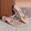 Fashion Luxury Glitter Rhinestone Sandals Women Chunky Heel Wedge Summer Flip Flops for Girls Pink Cute Slippers Bow Design Slides Shoes