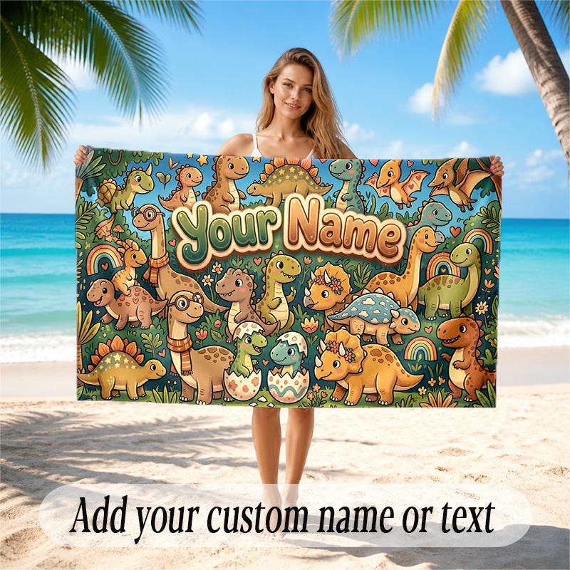 Dinosaur Theme Quick Dry Beach Towel Custom Name Text Print Large Sand Resistant Towel Beach Vacation