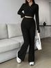 Women's Casual Ribbed Solid Color Two-Piece Set: Zipper Long Sleeve Cropped Top & High Waist Flared Pants