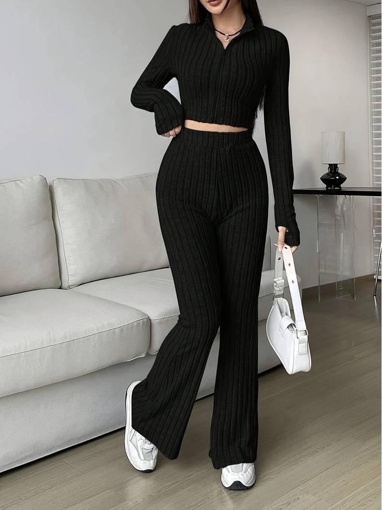 Women's Casual Ribbed Solid Color Two-Piece Set: Zipper Long Sleeve Cropped Top & High Waist Flared Pants