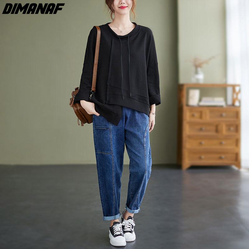 Dimanaf 2021 футболка, женская осенняя водолазка с длинным рукавом, хлопковые толстовки, корейская свободная одежда, белый топ с круглым вырезом, однотонные футболки
