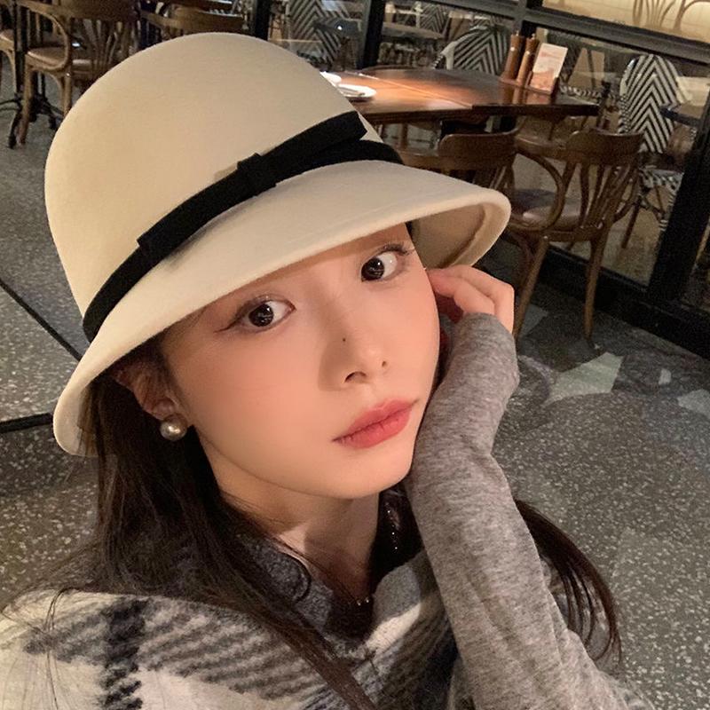 Autumn Winter French Bow Bucket Hat Women Sweet Felt Hat With Folded Shape