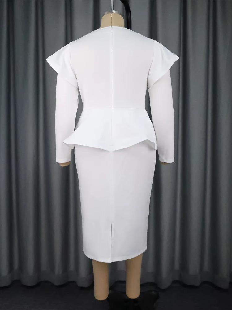 Women Elegant White Bodycon Dress Sweetheart Collar Long Sleeve Waist Belt Peplum Hem Evening Party Wedding Guest Autumn New