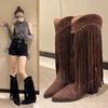 Ladies Knee-high Boots 2024 New Autumn Winter Fashion Women's Fringe Boots Large Size Outdoors Pointed Toe Square Heel Boots