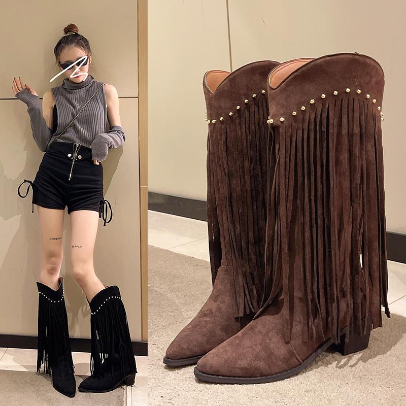 Ladies Knee-high Boots 2024 New Autumn Winter Fashion Women's Fringe Boots Large Size Outdoors Pointed Toe Square Heel Boots