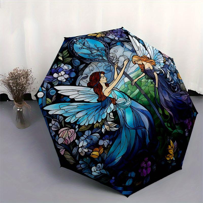 Enchanted Garden Fairy Stained Window PanelUmbrella, Portable 3-Fold Compact Umbrella for Men & Women Gift