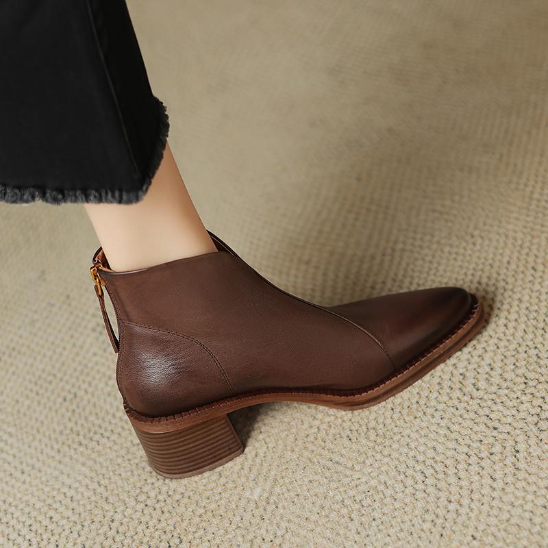 2024 Новые зрелые офисные женские короткие ботинки для женщин осень-зима из натуральной кожи на высоком каблуке с молнией сзади, рабочая обувь для женщин, базовая модель
