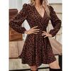 Cross-Border Autumn New Arrival Fashion Fashion V Neck Elastic and Waisted Leopard Print Print Bubble Long Sleeve Dress Female Dress
