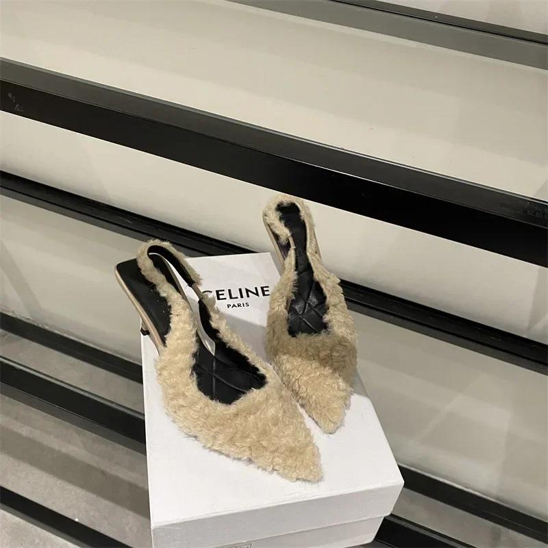 Плюшевые шлепанцы на высоком каблуке, женские модные элегантные тапочки с острым носком из овечьей шерсти, женские роскошные плюшевые вечерние туфли-лодочки, 2024